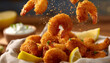 © Oleksiy - crispy fried shrimp jumping out of a basket with lemon wedges and tartar sauce in motion