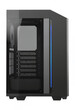 © abmo - Black computer case with glass side panel and blue light angled view