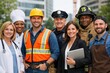 © Nadiia - Group of diverse professionals including doctor chef builder police and firefighter smiling in city