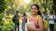 © Niks Ads - young indian college girl holding books and backpack standing at collage campus