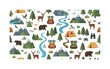 © Svitlana - green tourism motifs seamless pattern, repeating pattern, surface design, textile print, modern illustration of forests, mountains, rivers, wildlife, tents,