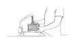 © Svitlana - Dish Cleaning. Minimalistic one-line drawing individual rinsing plates and bowls, continuous single black line on white background, simple outline style, no