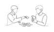© Coosh448 - Card Game Interaction. Minimalistic one-line drawing players exchanging cards and playing, continuous single black line on white background, simple outline