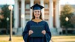 © Mariya Sorvacheva - Female graduate in blue cap and gown holding diploma outside university building with columns and trees in the background, celebrating academic achievement