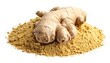 © Widia - A whole, light brown rhizome sits atop a pile of finely ground powder. Both rest against a pristine white backdrop