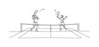 © Svitlana - Tennis Rally. Minimalistic one-line drawing two players exchanging shots across net, continuous single black line on white background, simple outline style, no