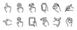 © Vladislav - Collection of twelve hand gesture icons in a minimal line art style, depicting actions such as pointing, tapping, swiping, writing, and holding digital devices