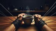 © Nata - A dramatic image of hands tied with ropes, holding a steaming cup of coffee. The visual symbolizes being trapped or constrained by daily routines or the pressure of life, with coffee as a moment of es