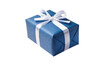 © Johanna - Luxurious blue gift box wrapped in shimmering paper adorned with a delicate satin ribbon bow, isolated on transparent background for promotional designs
