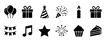 © Vladislav - Black birthday party celebration vector icon set with festive symbols like cake, gift box, balloons, and party hat for holiday event design in a minimalist glyph style