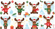 © MstSuborna - Cute Christmas Moose Cartoon Set with Winter Holiday Elements, Santa Hats, Gifts, Snowflakes, and Festive New Year Celebration Vector Illustration Collection.