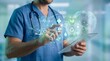 © abdul studio - Doctor in scrubs using transparent tablet with green environmental and medical hologram icons