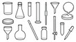 © MinixT - A pristine set of scientific laboratory glassware is depicted in a clean black and white line art style, showcasing the precise outlines of each essential research instrument.