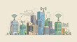 © Tri - Illustration of a modern cityscape with various buildings, wireless signals, and technology elements on a light background.
