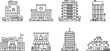 © Yurii - city building and architecture line icons set, house home apartment hospital office store mall cafe skyscraper and residential property vector outline icon collection on transparent background