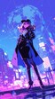 © Cdel - Vibrant City Pop Finance, a confident female professional stands before a glowing global financial network map, showcasing fintech innovation with bold outlines and a cool neon palette.