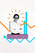 © deagreez - Vertical image trend pop zine photo collage of happy freelancer businesswoman hold laptop arrow progress pointer development