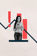 © deagreez - Vertical zine trendy photo collage of inexperienced businesswoman businessman stand graph chart decline regress problem economy