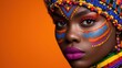 © Mariia - Portrait of African woman with traditional face paint and colorful beads, symbolizing cultural heritage, identity and beauty. Vibrant background with copy space for diversity. Africa day