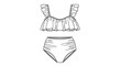 © Raqib - Fashionable line drawing of a high waisted bikini set with ruffled edges on the top provides a feminine and trendy swimwear design.
