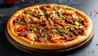 © Muhammad - Delicious Pizza with Meat and Vegetables on Wooden Board.