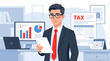 © Skyframe - A male professional in a dark suit and glasses smiles confidently, holding a document in an office with clear 'TAX' forms and data charts displayed