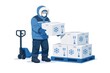 © Татьяна Евдокимова - Worker wearing protective cold weather gear, mask, and goggles handling temperature controlled boxes marked with snowflake and thermometer symbols on a pallet in a cold chain logistics environment