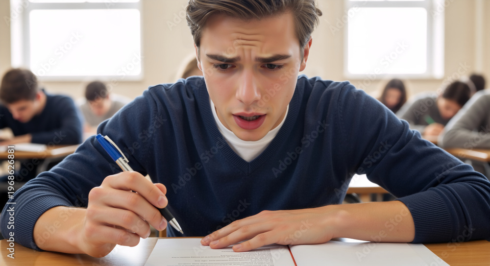 Stock-Illustration „Confused male student looking at exam paper ...