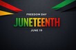 © VeerSaif - Juneteenth Freedom Day, June 19 celebration graphic; vibrant red, green, and yellow design elements on a dark background, commemorating African American emancipation and cultural heritage