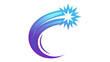 © Shapna - Blue and purple gradient shooting star vector icon illustration. Stylized comet with starburst head and curved trail, perfect for space science, astronomy, and celestial themed graphic designs.