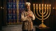 © AlfaSmart - High priest in ancient temple vestments standing by a glowing golden menorah. Religious figure in traditional biblical attire. Worship and faith concept for historical religious depictions.