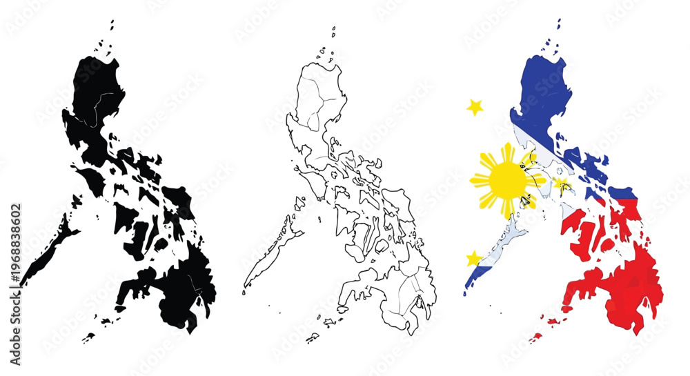Philippine Map Color Code Philippine regions depicted in black and white, outlined, and color ...