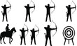 © Its Saidul  - Archery silhouettes, bow aiming, mounted archer, target practice, sports illustration, precision shooting, horse rider archery, outdoor activity, athlete posture, competitive discipline