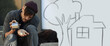 © New Africa - Homeless man against drawing of house. Dreaming about dwelling