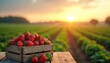 © Vadym - Wooden crate filled with ripe strawberries sits on table. Strawberry field stretches into distance at sunrise. Early morning light illuminates farm rows.