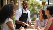 © Vadym - Smiling waiter takes order from women at outdoor cafe table. Diverse group enjoys drinks and food on sunny day. Lively service and happy conversation with hospitality.