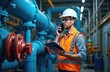 © Vadym - Engineer wearing hard hat and vest speaks on radio while holding tablet. Man works with large blue pipes and industrial equipment in pump room. Checks systems on device.