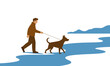 © aufa - Man Walking a Dog on Leash Near Water Flat Vector Illustration
