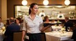 © Chandara - A smiling woman in a white shirt and black apron holding a tray of appetizers in a restaurant.