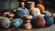© fortuna - Close up of colorful yarn balls and wooden spools