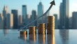 © Viktor - Stacks of gold coins show upward trend arrow over blurred cityscape. Financial growth and investment success concept. Business strategy planning and market analysis.