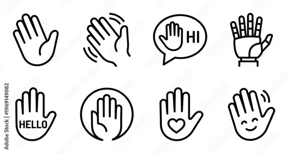Greeting hand gestures line icon set showing hello hi welcome and ...