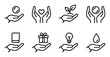 © GoDesigner - Hands holding various items line icon set. giving and receiving, charity and care