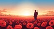 © Hilf - Solitary ANZAC Day soldier standing among red poppies at sunset, military remembrance scene, rear view, field horizon