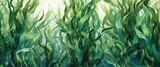 Watercolor underwater algae leaves seaweed and grass pattern designed for endless repeat on textile and fashion surfaces