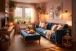 © DigitalDruid - Interior of a cozy pink small apartment featuring a blue sofa and matching bench