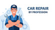 © Md - Smiling car mechanic wearing a cap and overalls holding wrenches with car repair by profession text and gear icons in the background.