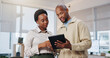 © peopleimages.com - Creative, business people and happy with tablet for project, teamwork and market research on website. Office, black man and woman with tech for campaign, collaboration and performance review with app