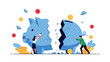 © Illustrate Hub - Business people attempting to glue and push back together a large broken blue piggy bank surrounded by coins and virus particles.