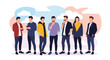 © Protik - Group of diverse men and women standing together in casual and professional attire against a sky background with clouds.